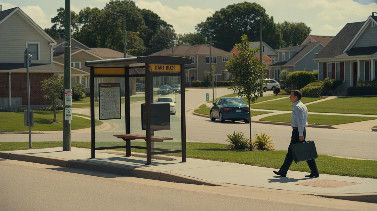 DART bus stop shelter on a residential street in Carrollton, Texas