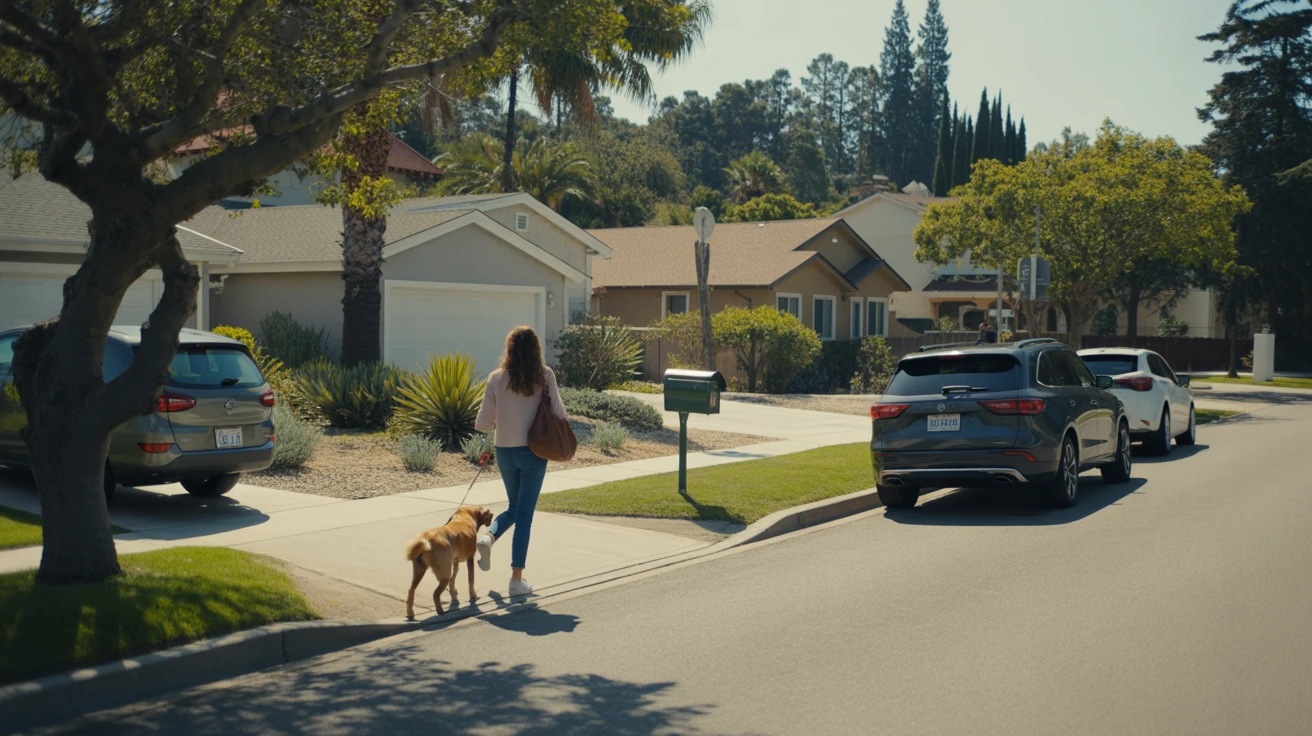 A woman walks her dog past a parked SUV on a residential street in Vista, California.