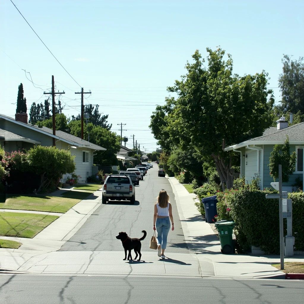 A woman walking her dog on a quiet residential street lined with modern homes in La Mesa, California.