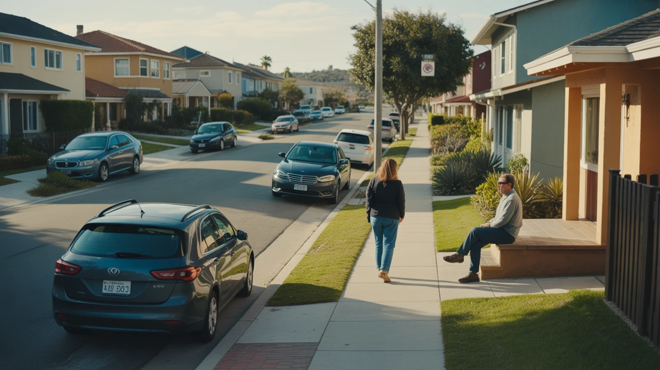 A typical residential street in San Marcos, California lined with a mix of single family homes and small apartment buildings. A few parked cars and people visible.