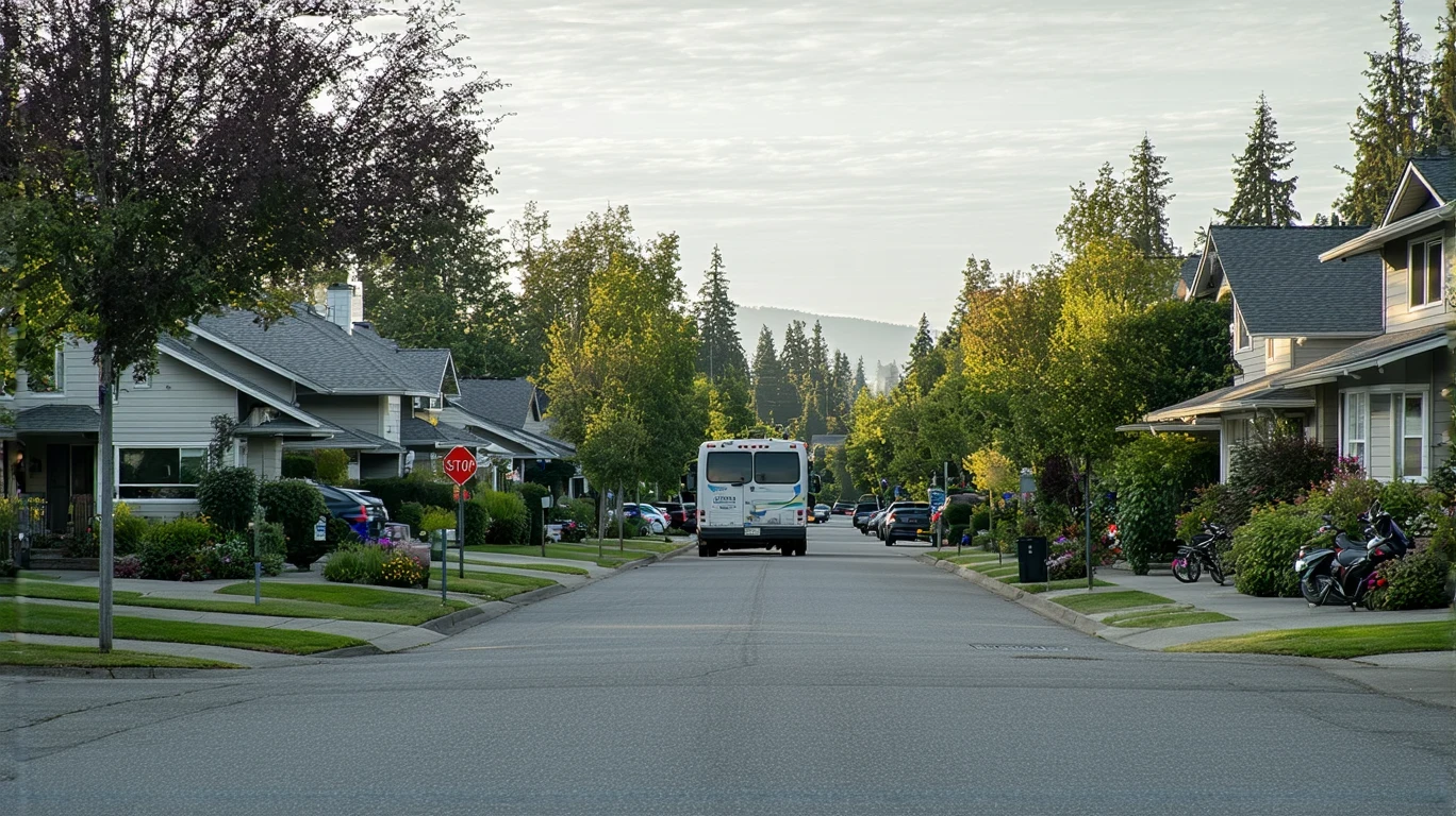 A public transit bus driving through a residential street in Auburn, Washington lined with craftsman-style homes and landscaped yards.