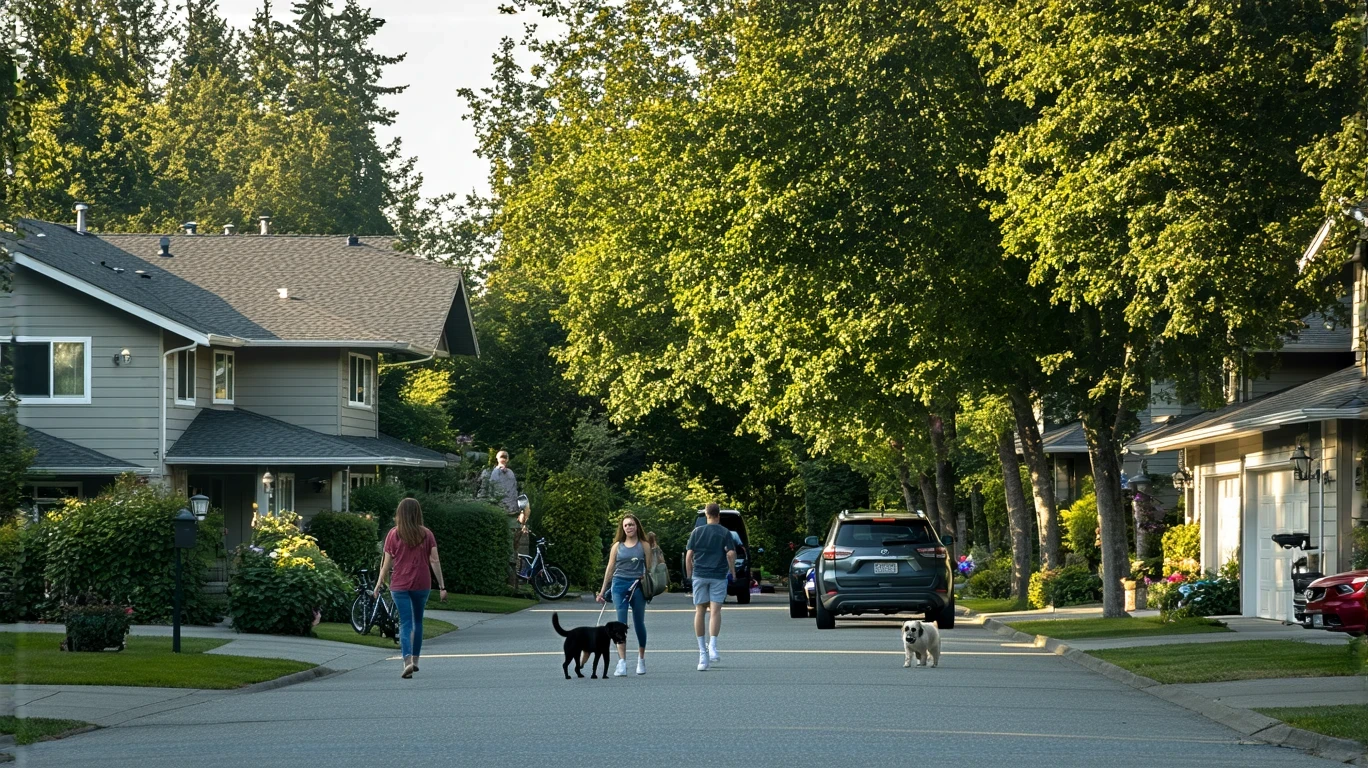 A tree-lined residential street in Bothell, WA with craftsman homes and residents walking and doing yardwork.