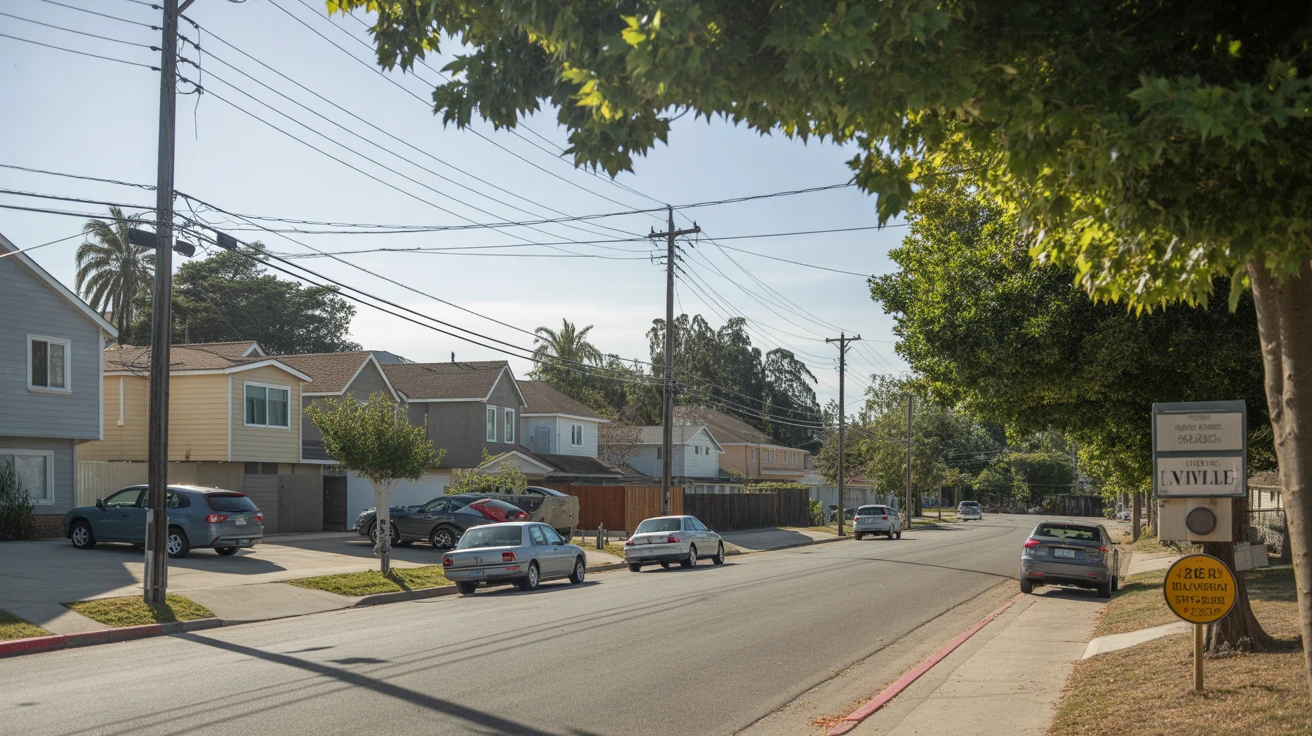 A quiet residential street in Vista, California lined with modest single-family homes and maple trees