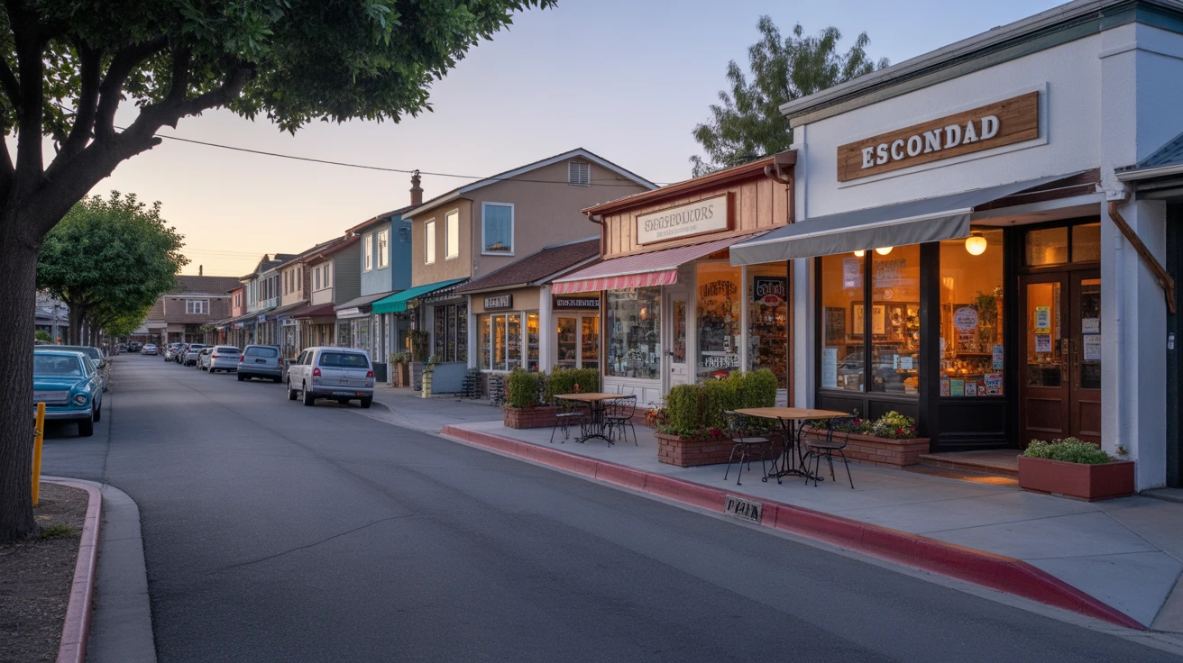 Mom-and-pop shops and restaurants with sidewalk patios along a neighborhood street in Escondido, California at dusk