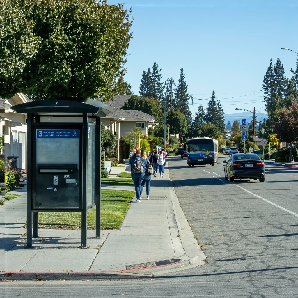 People waiting at a bus stop on a sunny day in a Santee, California suburb