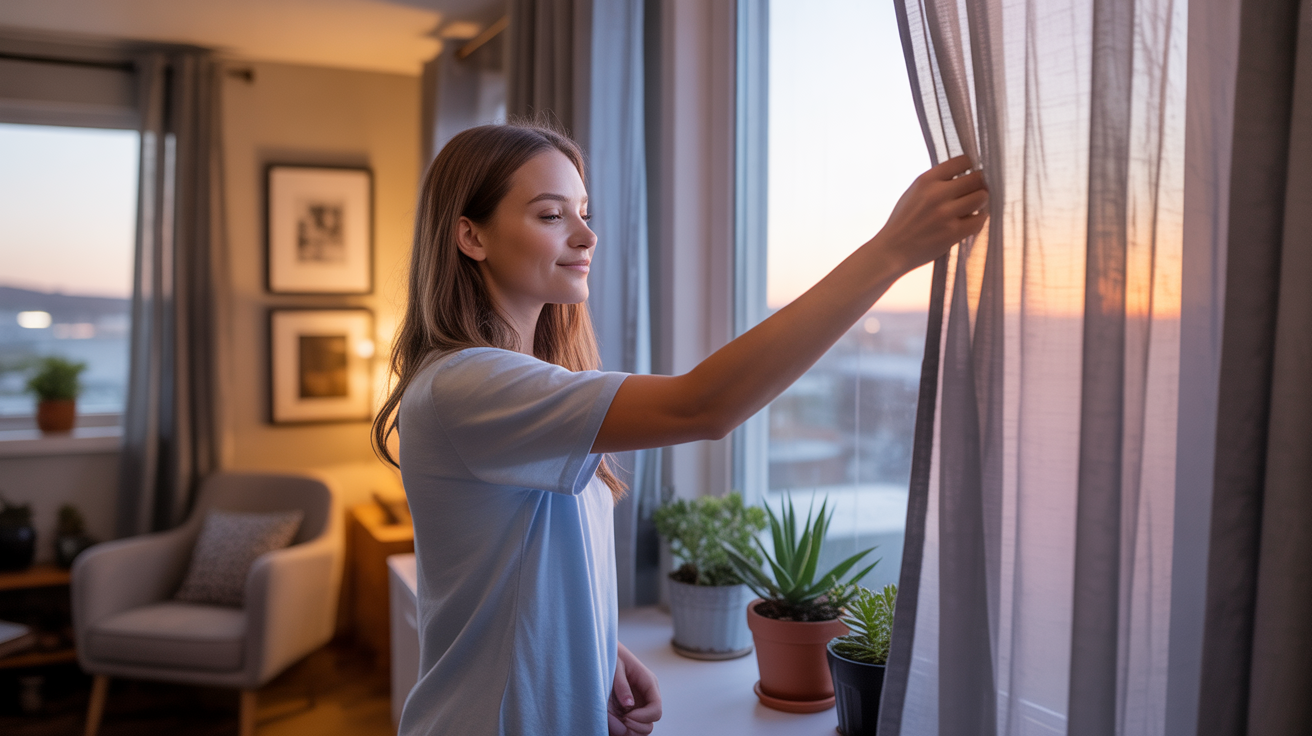 Woman closing curtains in Cicero apartment at sunset
