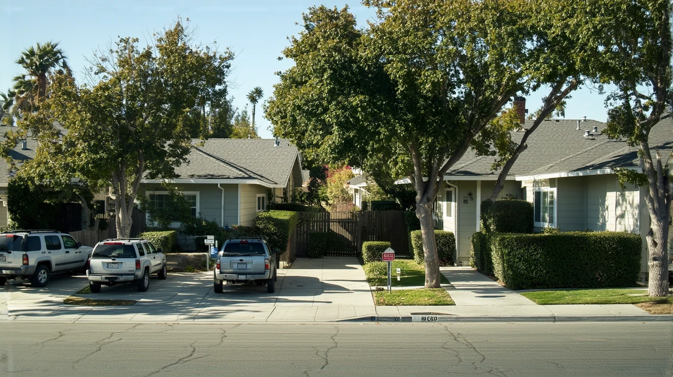Quiet suburban street in Lemon Grove, California with modest single-family homes and parked cars on a sunny day