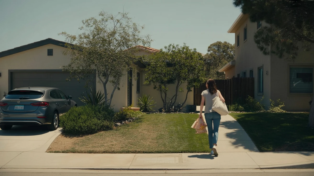 Exterior view of a tidy suburban home in El Cajon, California with a woman carrying grocery bags up the driveway.