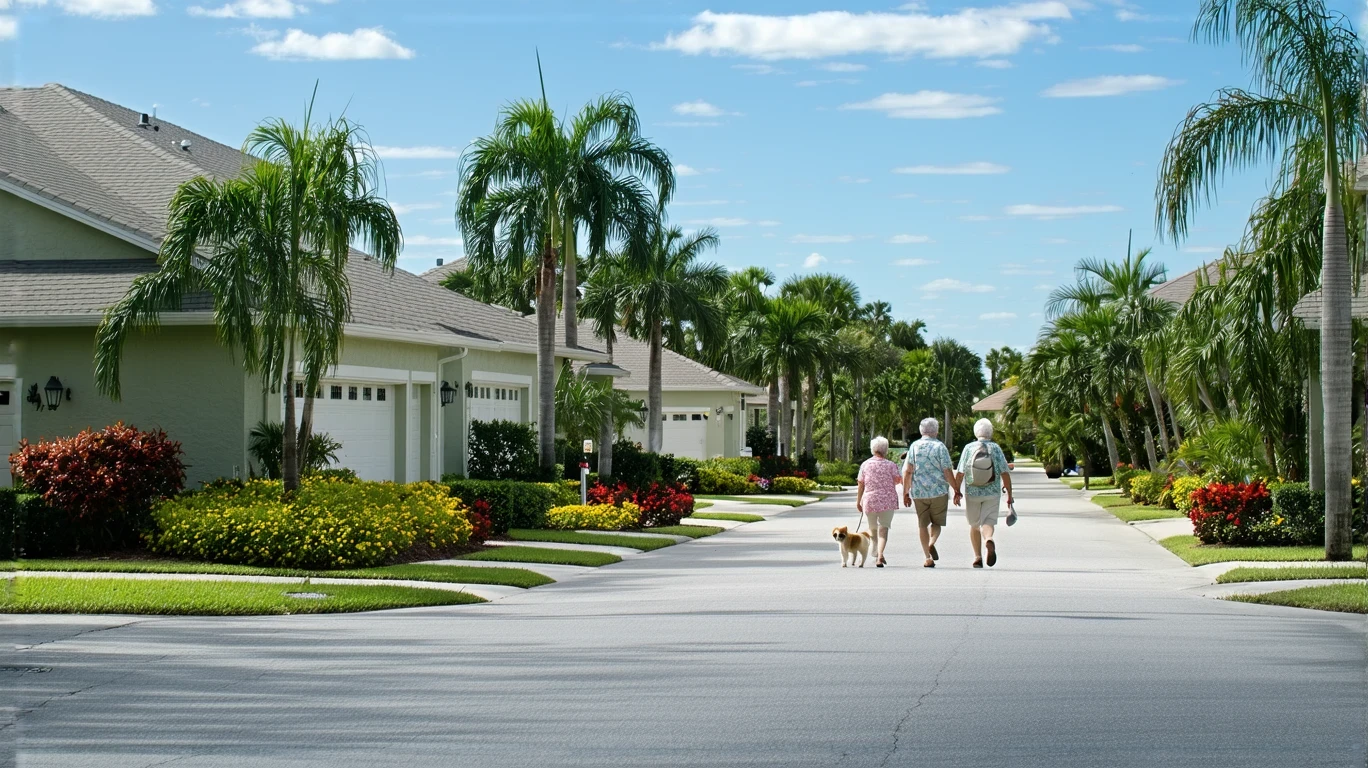 A quiet residential street in Clearwater, Florida with stucco homes, tropical landscaping, and a senior couple walking a dog.