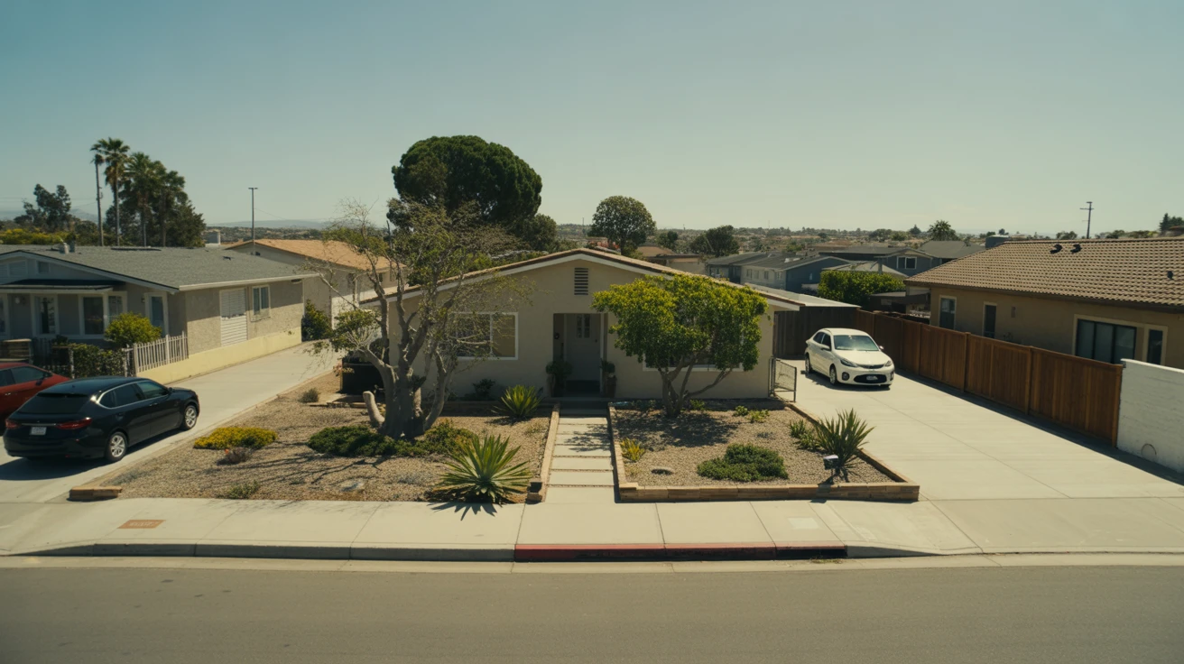 Modest single-family home with drought-tolerant landscaping and cars parked in driveway on a suburban street in El Cajon, California.