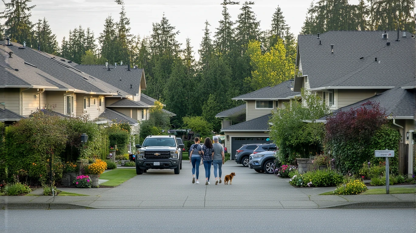 A suburban street in Lynnwood, WA with craftsman homes, a couple walking their dog, and a parked SUV in a driveway.