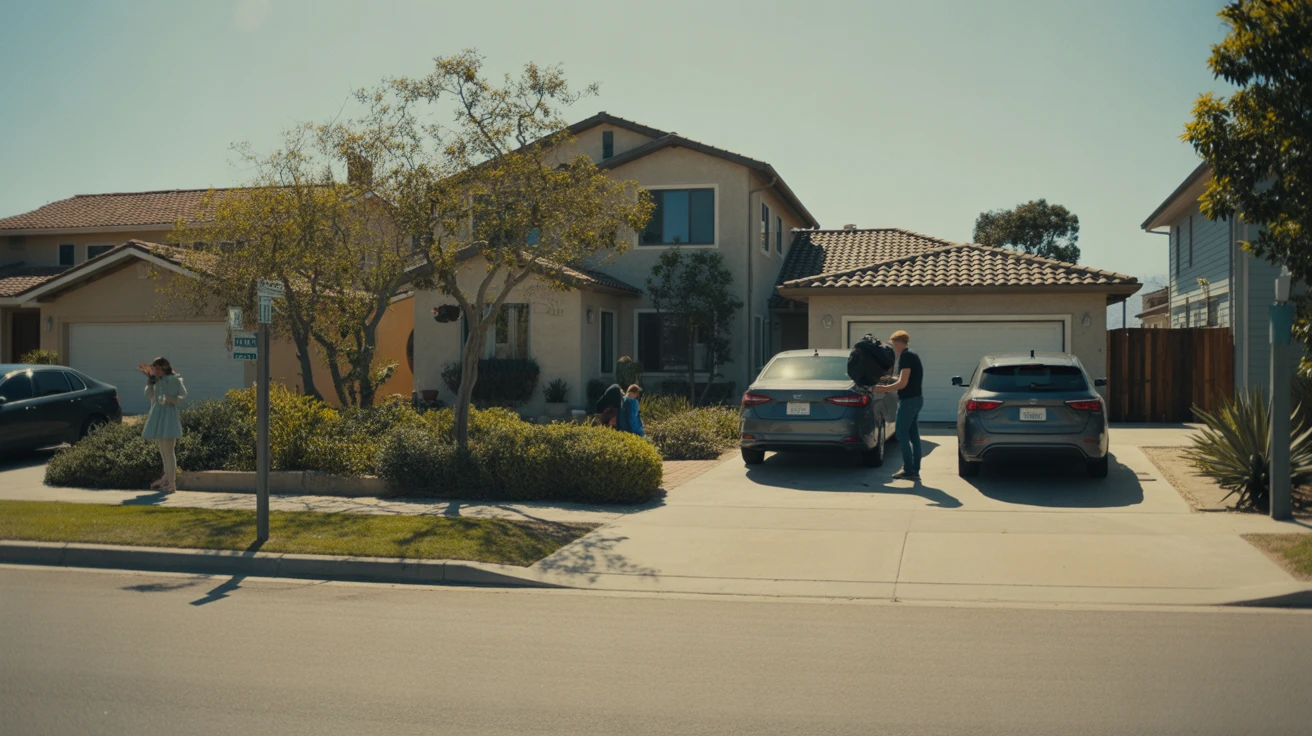Suburban home in Chula Vista with xeriscape front yard and residents doing yardwork.