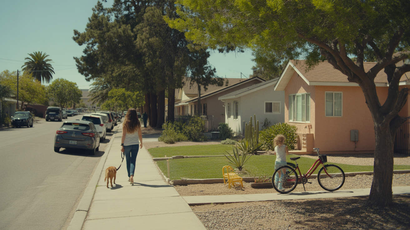 A woman walking her dog on a quiet residential street in Enterprise, NV lined with modest single-family homes and parked cars.