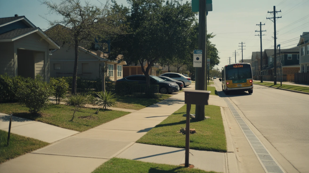 A city bus drives through a residential neighborhood in Cypress, Texas on a sunny day.