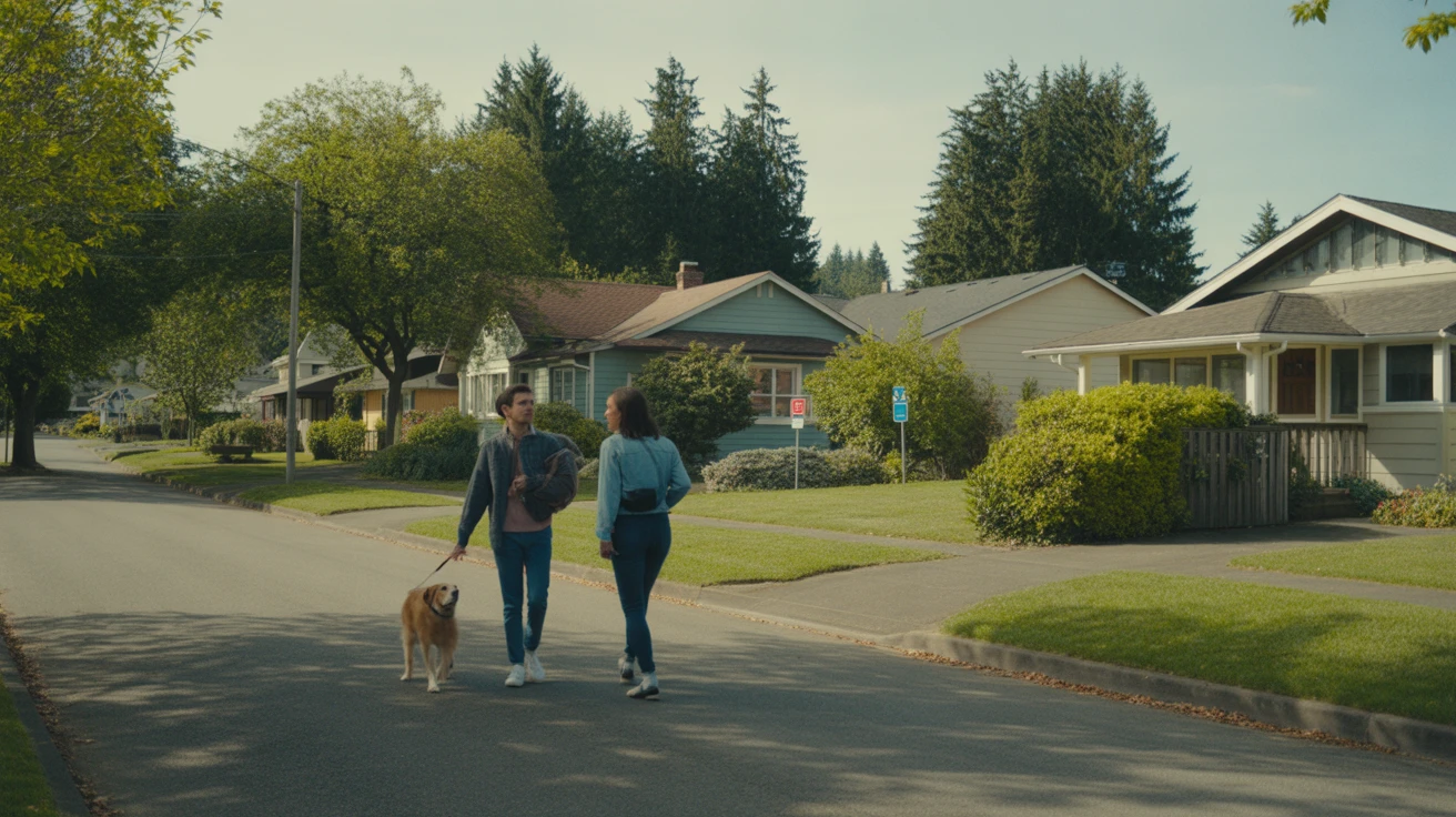 A couple walking their dog on a sidewalk in a pleasant Renton neighborhood with craftsman-style homes and green lawns.