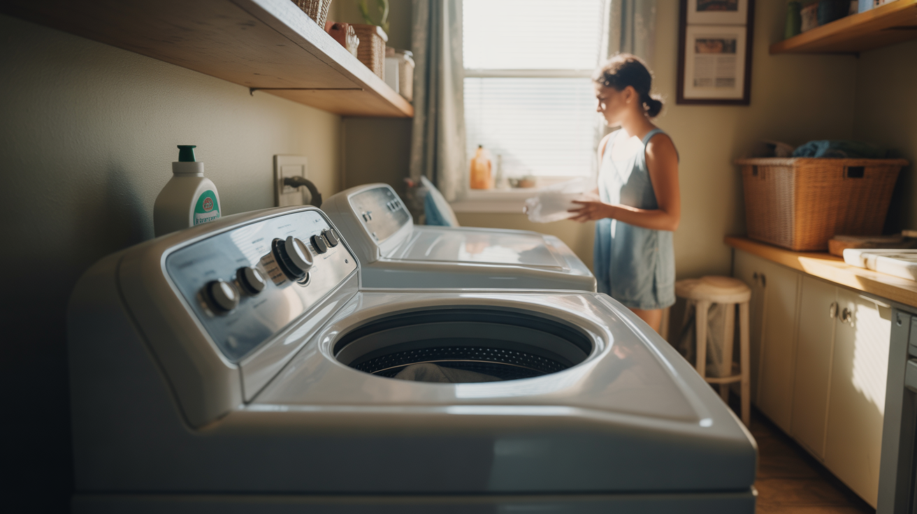 A top-loading washing machine mid-cycle in a simple laundry room, with a detergent bottle on a nearby shelf.