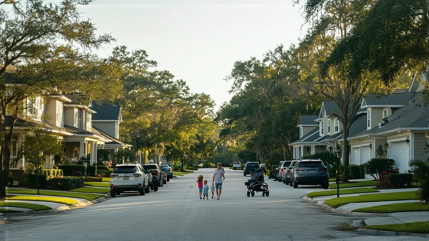 Modest craftsman-style homes line a quiet residential street in Ocoee, Florida on a sunny day. A young family walks along the sidewalk.