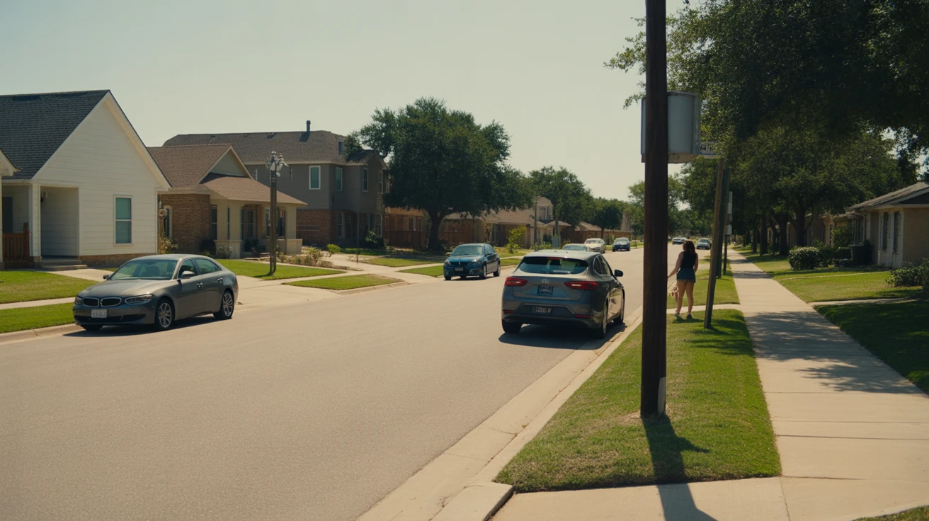 A quiet street in Carrollton, Texas lined with modern single-family homes and tidy yards on a sunny day.