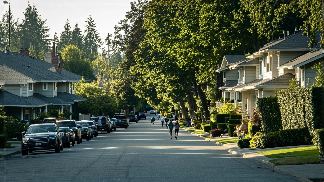 A tree-lined residential street in Shoreline, WA with craftsman-style homes and a family walking on the sidewalk.