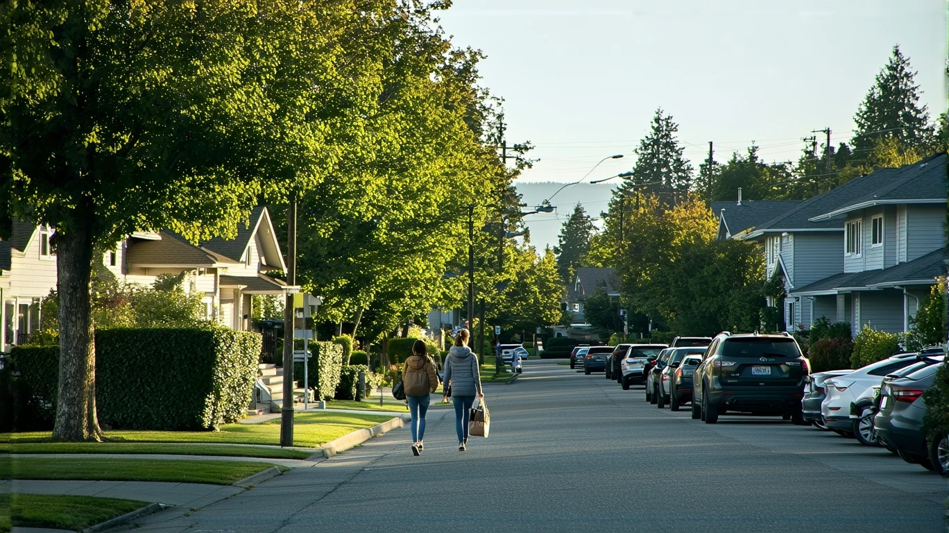 Residential street in Edmonds, WA with craftsman homes and a woman walking on the sidewalk.