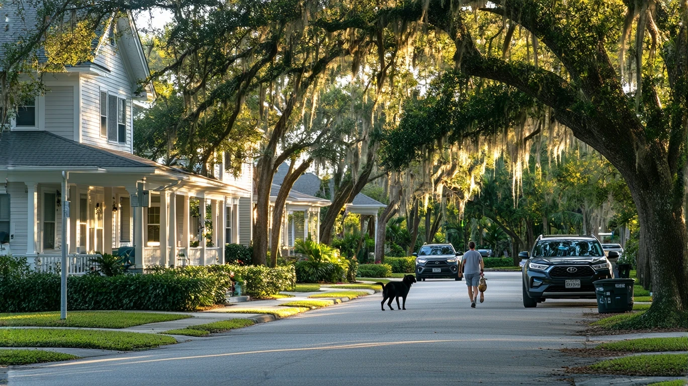 A person walking their dog on a sidewalk in a quiet St Petersburg, Florida neighborhood with craftsman-style homes and tidy landscaping.