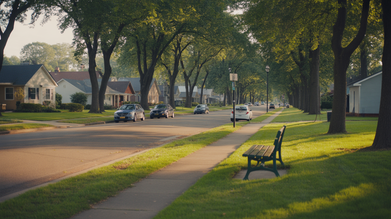A quiet residential street in Kannapolis lined with modest homes and an adjacent park