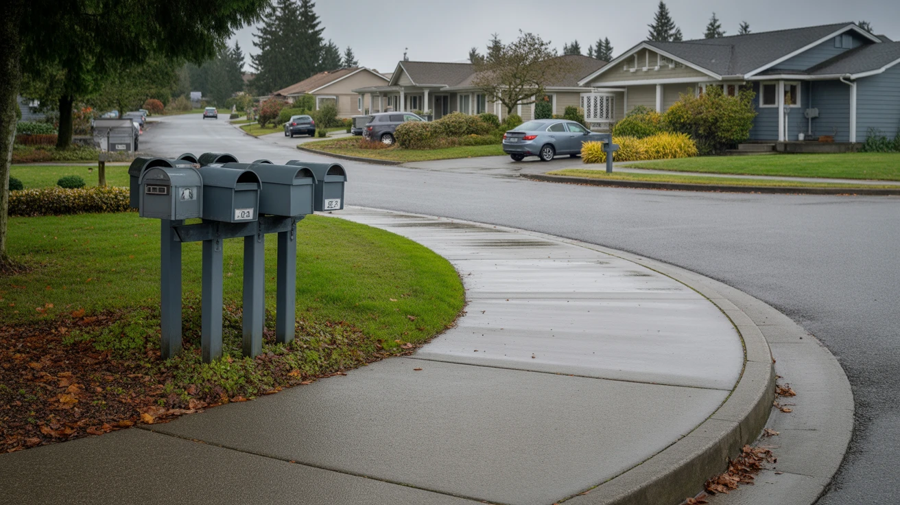 A residential sidewalk curving past curbside mailboxes on a cloudy, wet day in Renton, Washington.