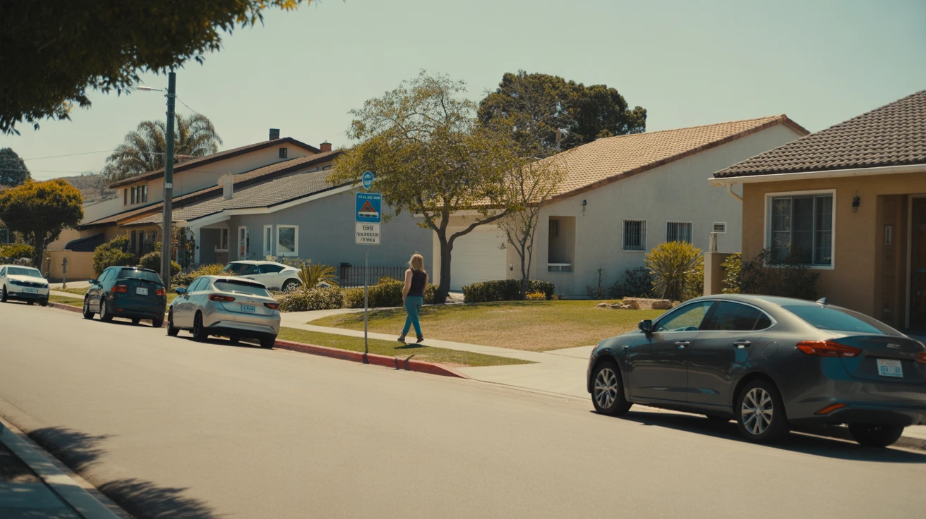 A sunny residential street in San Marcos, California lined with modest single-family homes and parked cars.