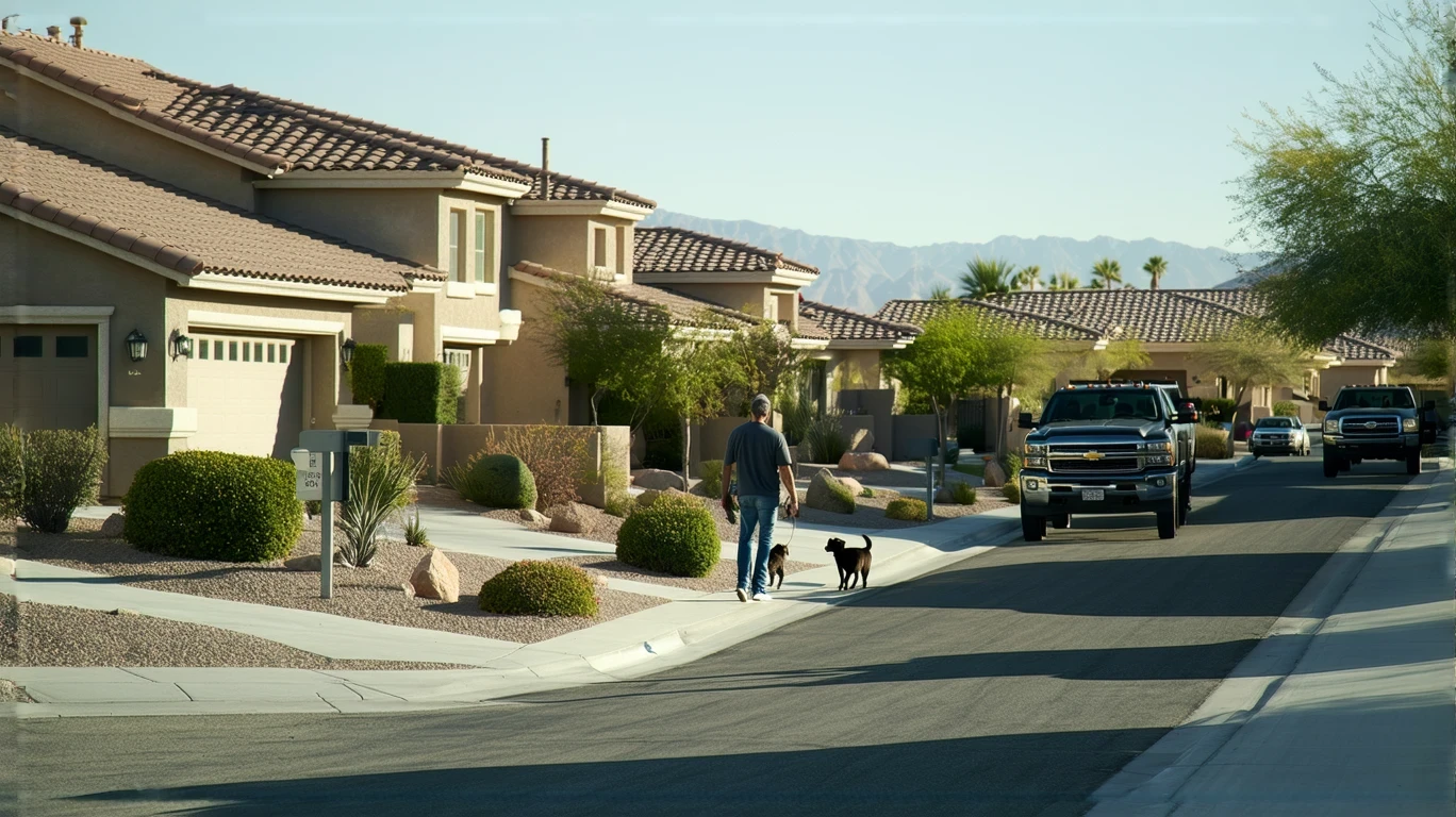 A man walks his dog on a sidewalk in a quiet suburban neighborhood in Summerlin South, Nevada.