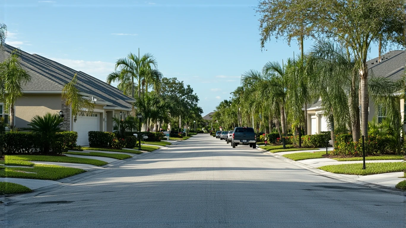 A sunny, peaceful suburban street in Oviedo, Florida lined with stucco homes and palm trees.