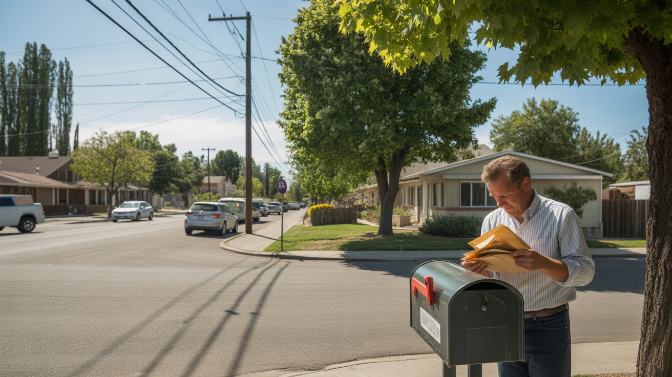A man checking his mail on a quiet suburban street corner in Enterprise, Nevada.
