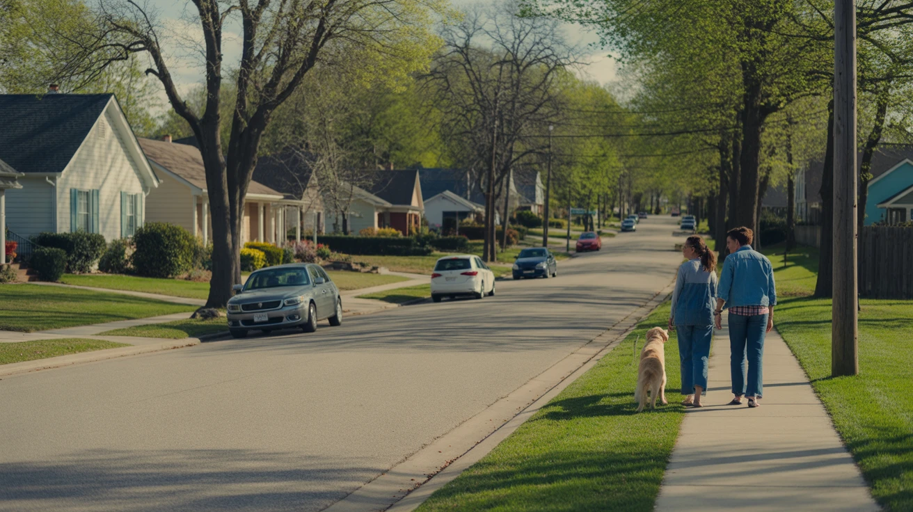 A couple walking their dog on the sidewalk of a residential street lined with modest homes in Spring Hill, TN.