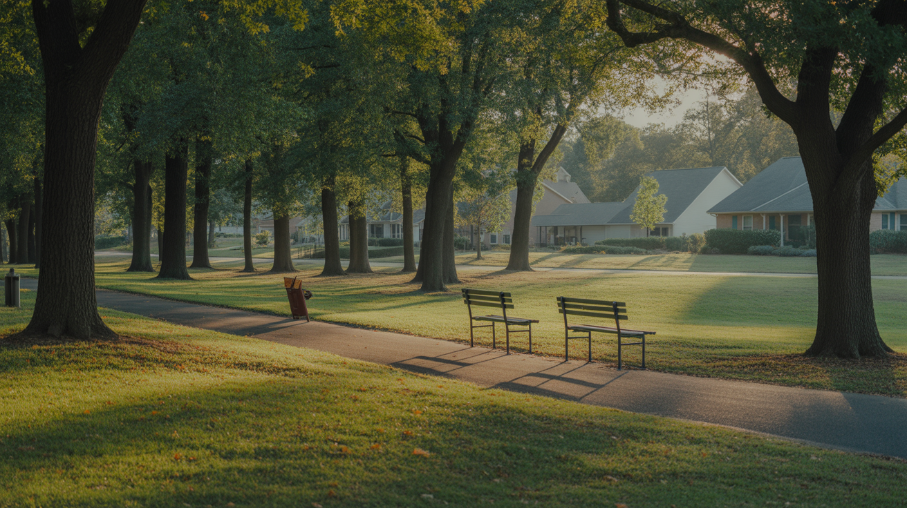 Empty park benches on a sunny lawn in a quiet suburban neighborhood, with houses visible through trees in the background.