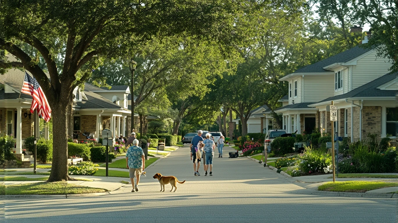 A sunny, tree-lined street in Georgetown, Texas with modest homes and a retired couple walking their dog.