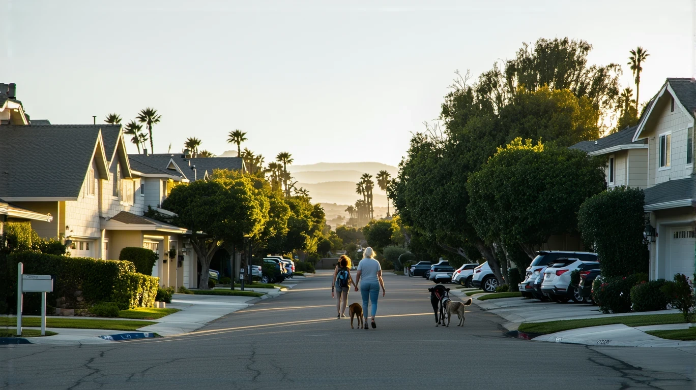 Residential street in Encinitas with one-story homes and trees casting long shadows