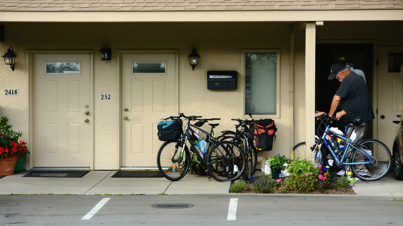 Apartment building in Chula Vista with bikes by the railing and man unloading groceries
