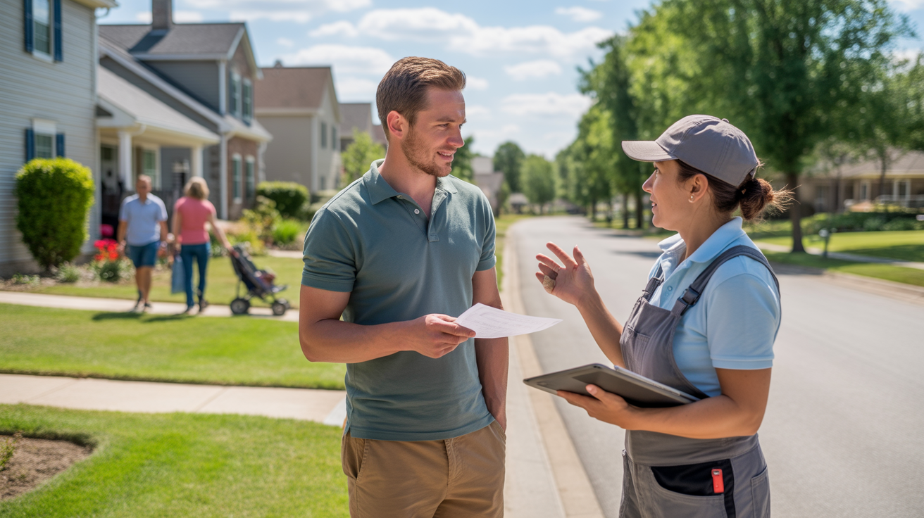 A homeowner discusses lawn care services with a landscaper outside a suburban home in Lyndon, Kentucky.