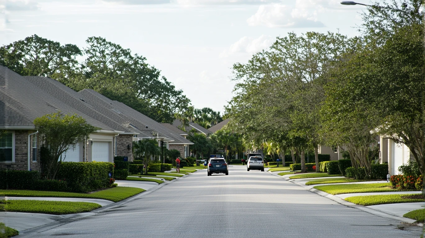 A HART bus driving through a quiet residential street in Lutz, Florida on a sunny day.