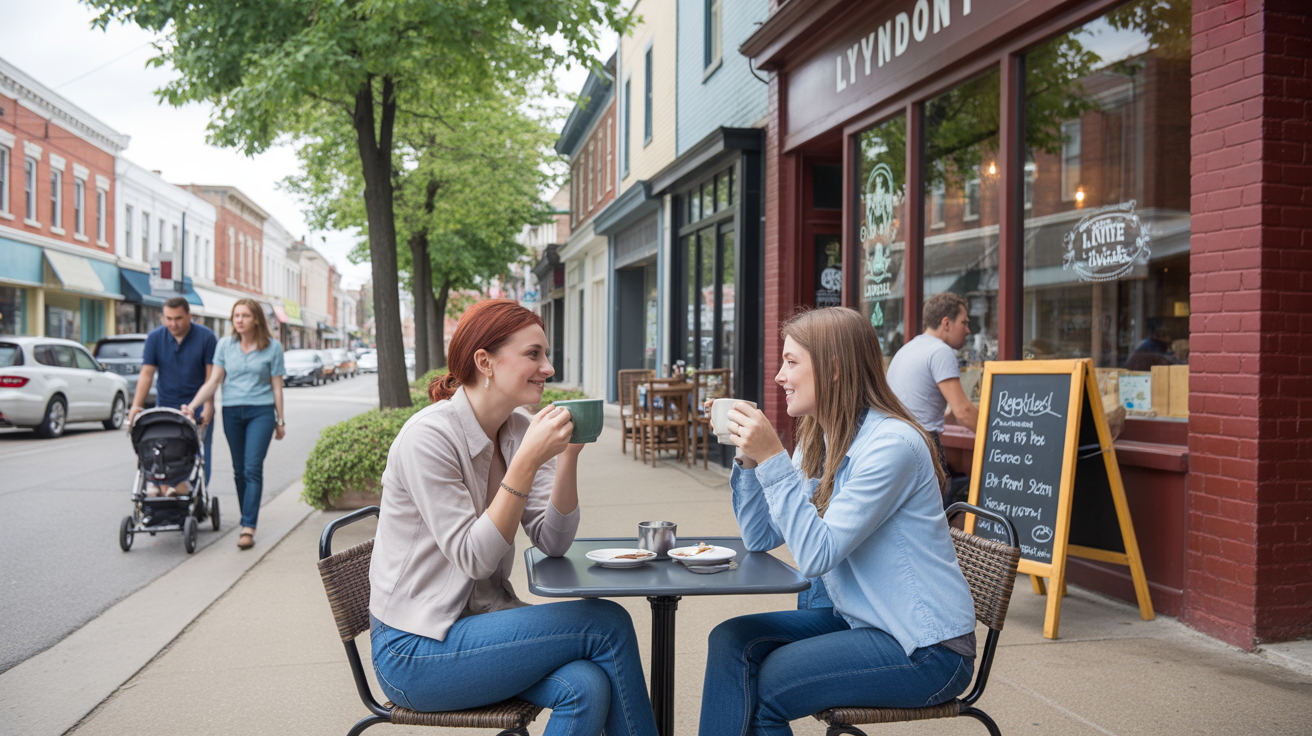 Two women friends having coffee and conversation outside local café in Lyndon, Kentucky