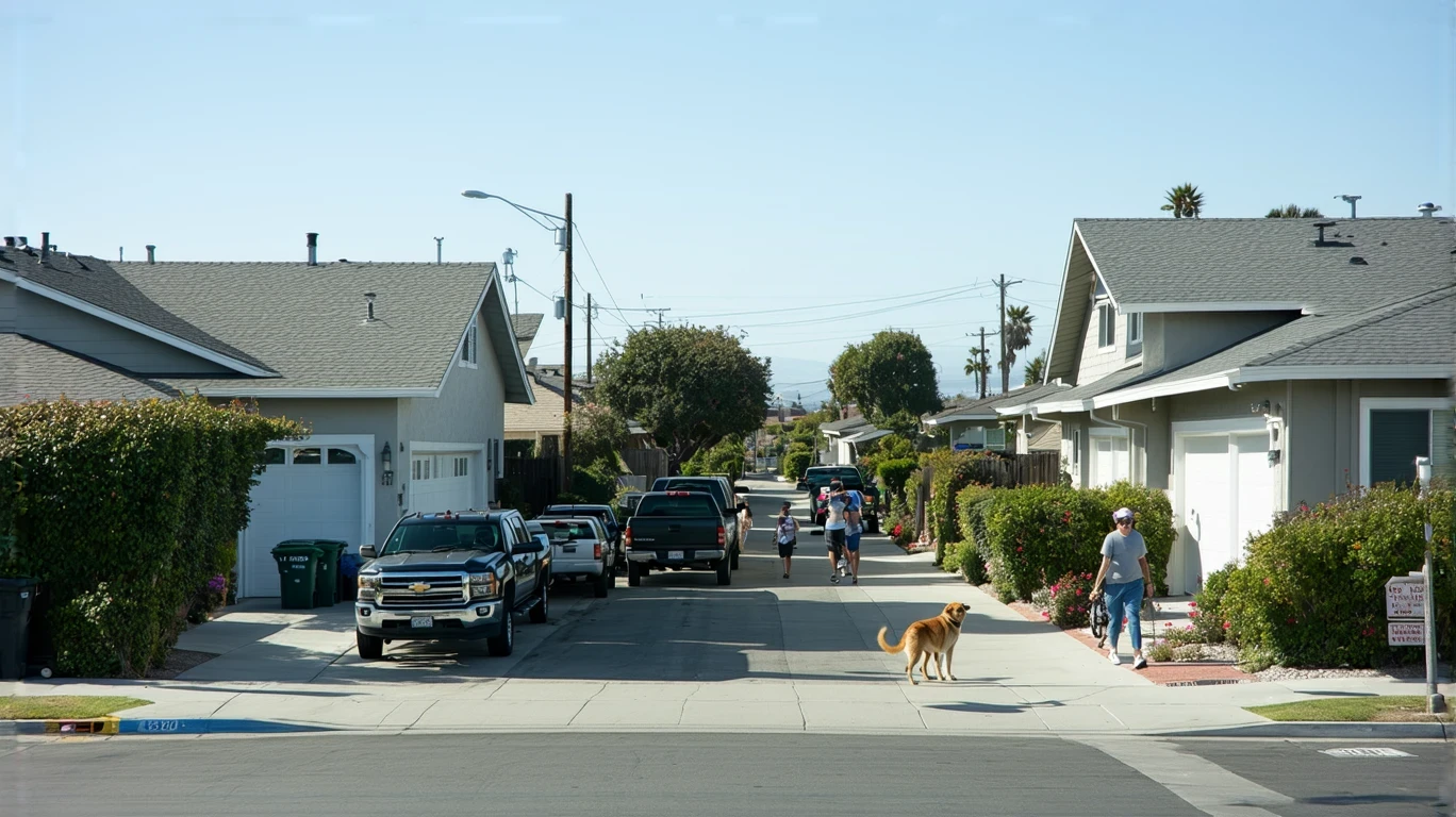 A quiet residential street in Oceanside, California with modern homes, parked cars, and two residents outside.