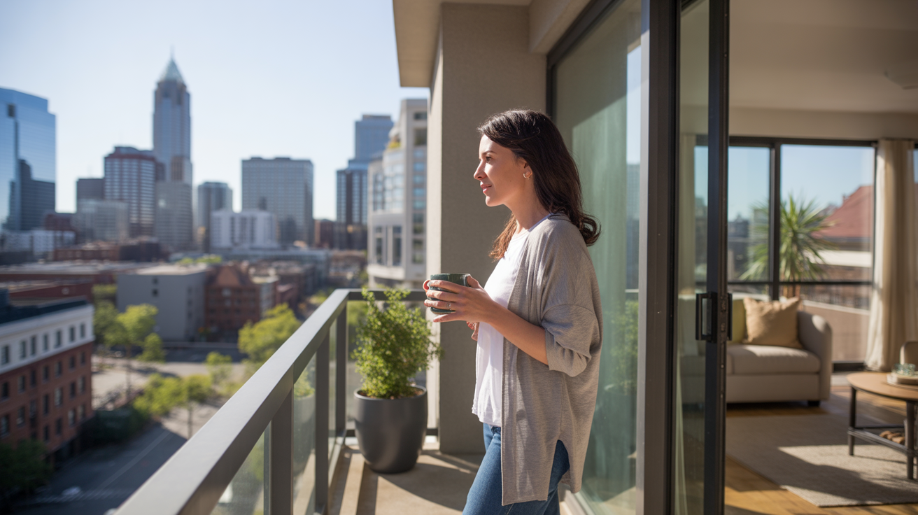 A woman enjoys the view from her Charlotte apartment balcony