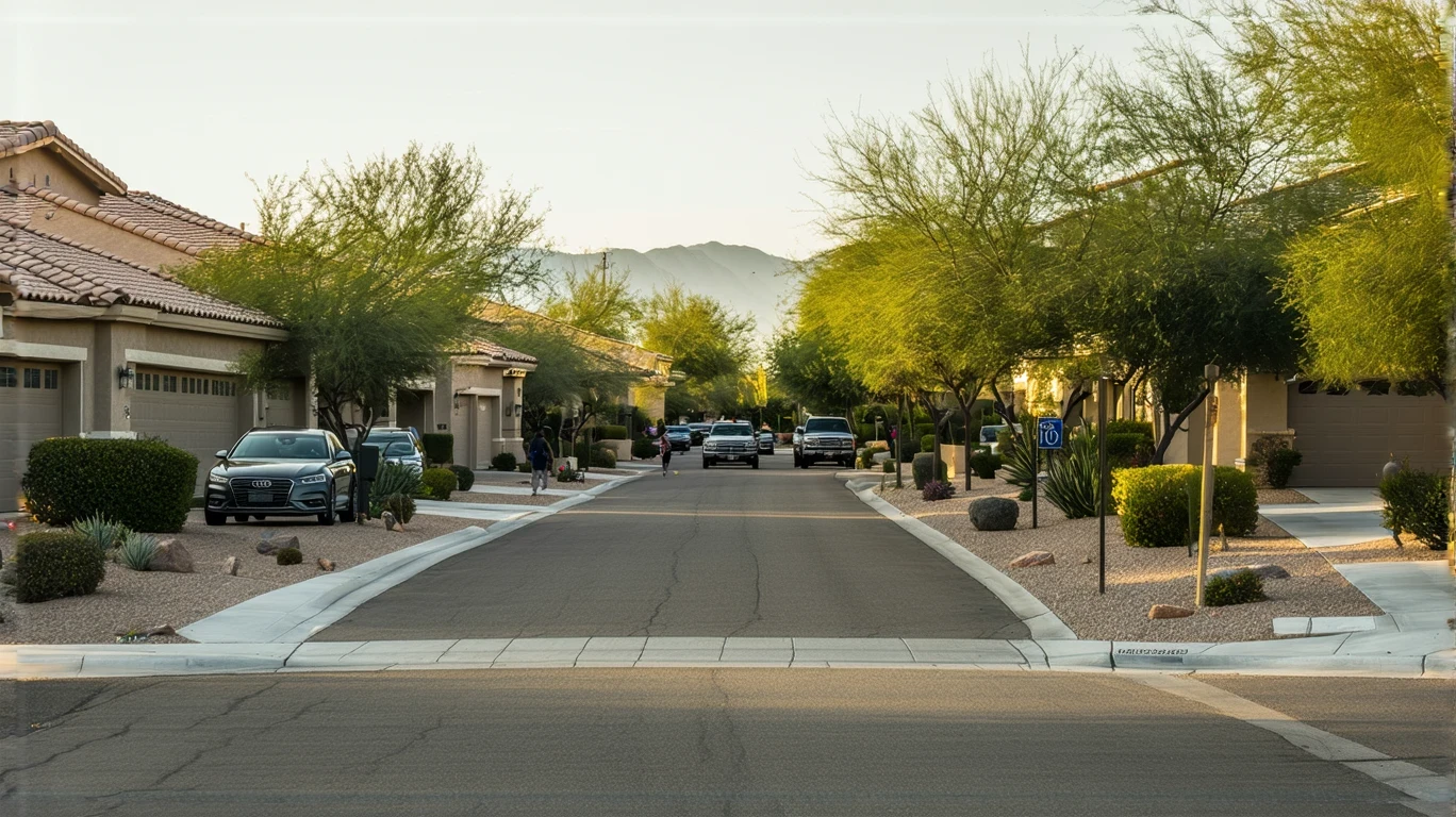 Retired couple walking along a quiet residential street in Scottsdale, Arizona lined with stucco homes and desert landscaping.