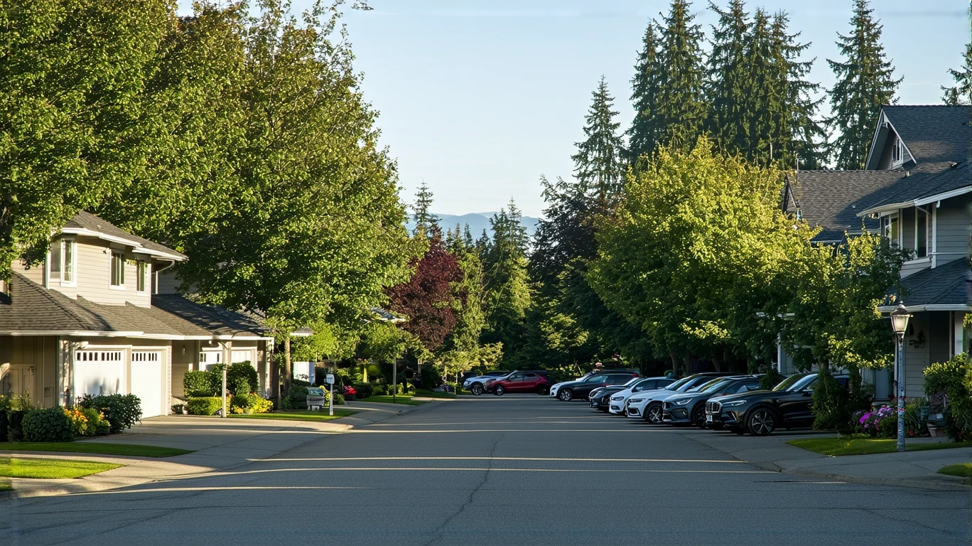 A suburban street in Redmond, Washington with craftsman-style homes and cars parked in driveways.