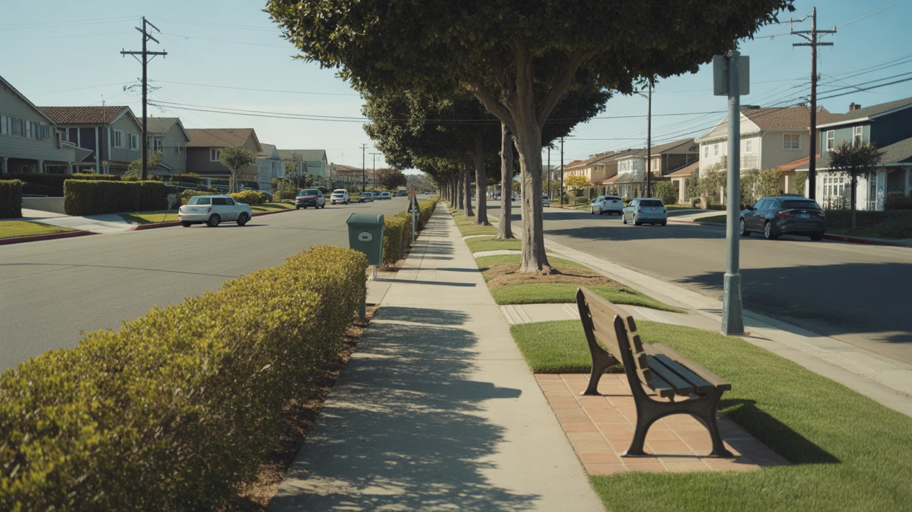 A neighborhood park in Chula Vista, CA with trimmed hedges and a bench by the path.