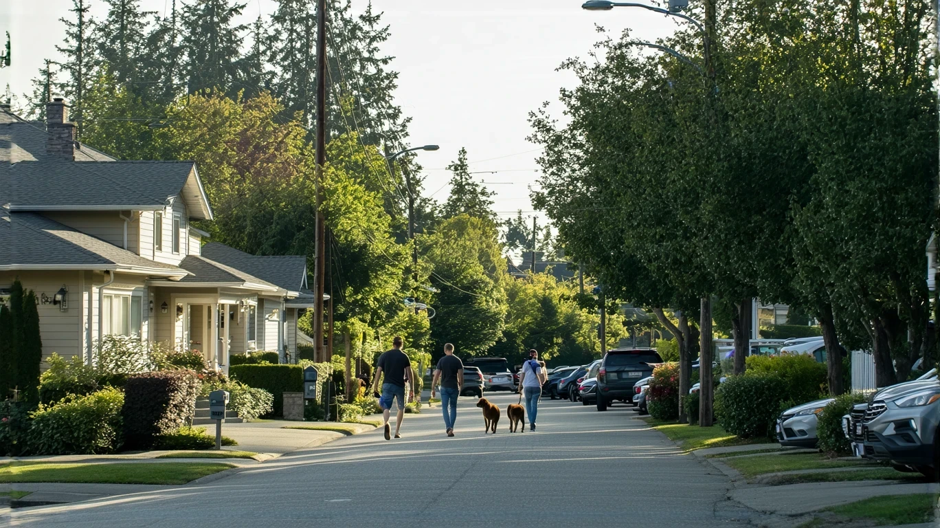 A couple walking their dog on a sidewalk in a suburban Lynnwood neighborhood with craftsman-style homes and landscaped yards on a sunny day.