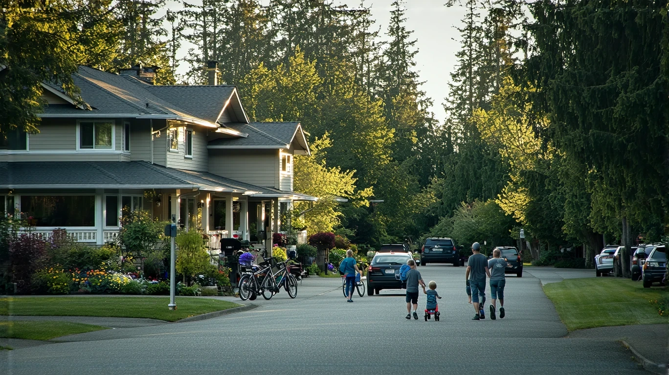 A craftsman-style home on a quiet Sammamish street, with a young family walking by on the sidewalk.
