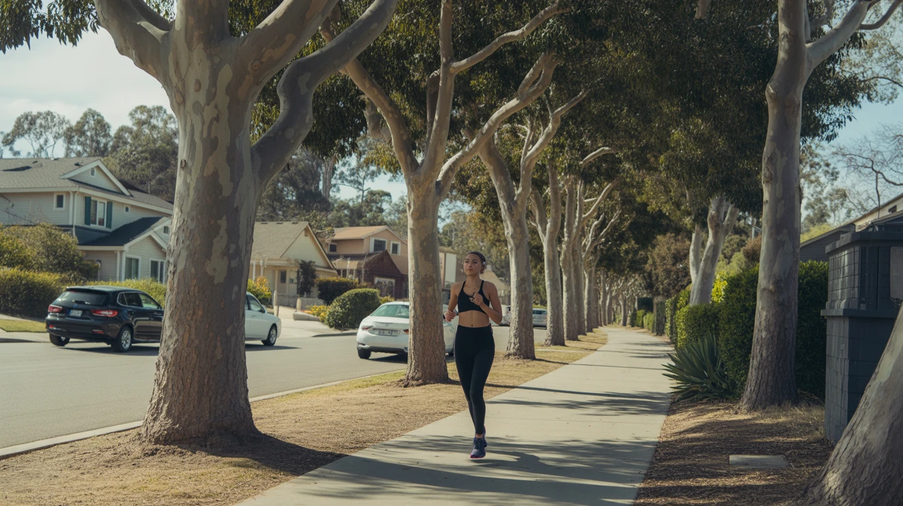 A woman jogs on a curving sidewalk shaded by eucalyptus trees in a San Diego suburb.