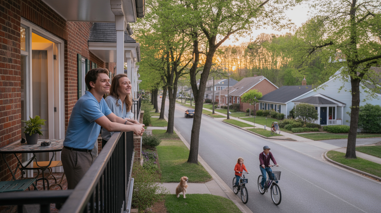 Couple on apartment balcony overlooking peaceful suburban neighborhood in Matthews, NC