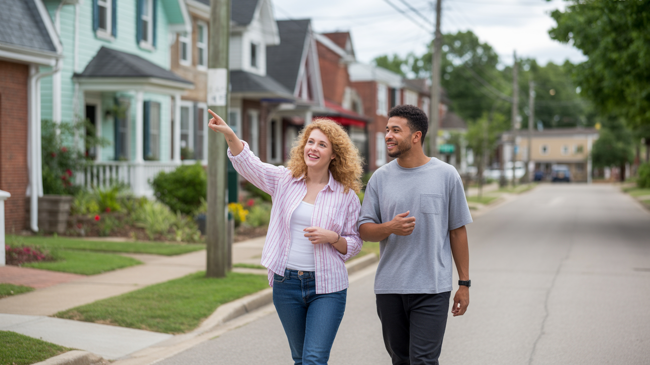 Two friends walk down a street in Okolona, Kentucky pointing out architecture