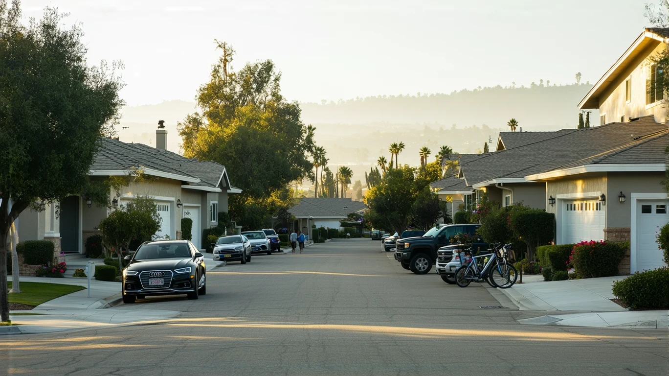 A sunny residential street in Escondido, California lined with modest single-family homes and parked cars.